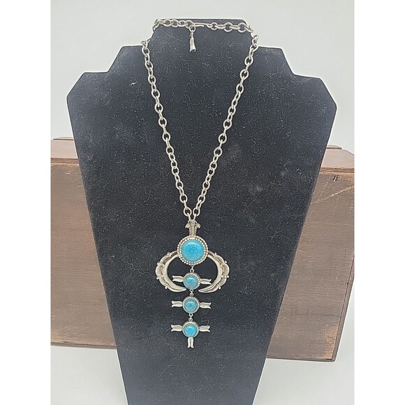 Unbranded Jewelry - Stunning Vintage Huge Squash Blossom Silvertone Faux Turquoise Cabochon Necklace